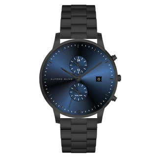 Alfred Sung Dual Time with Date Blue Dial Black Bracelet watch