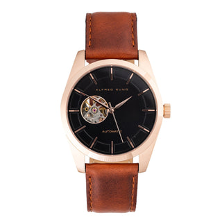 Alfred Sung Automatic Black Dial Brown Leather Strap Men's watch