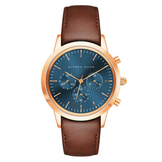 Alfred Sung Chronograph Blue Sunray Dial Brown Leather Strap Men's watch