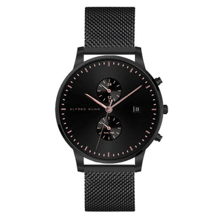 Alfred Sung Dual Time with Date Black Dial Black Mesh Stainless Steel watch