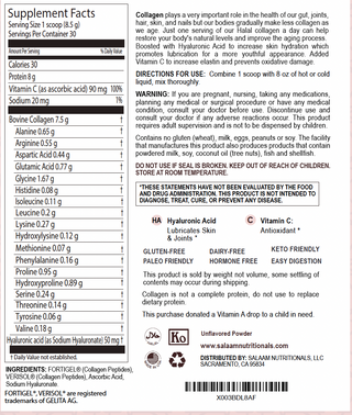 Pure Halal Collagen Hydrolyzed Peptides Type 1 & 3 Powder - With Vitamin C & Hyaluronic Acid | Salaam Nutritionals