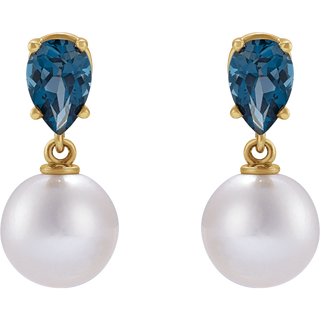 Akoya pearl and blue topaz drop earrings in 14K gold