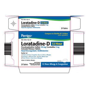 Perrigo Loratadine-D 12HR – Antihistamine & Nasal Decongestant (20 Extended-Release Tablets)