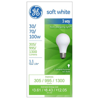 GE Light Bulb, 3 Way, Soft White, 30/70/100 Watts