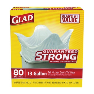 Glad 13 Gallon Quick Tie Tall Kitchen Trash Bags 80 Pk, 0.69 Mil, White