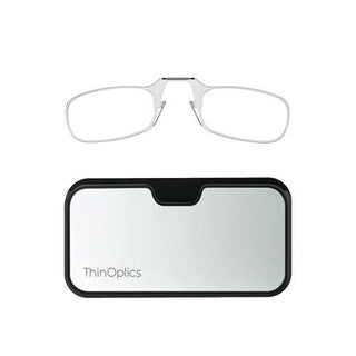 ThinOptics Universal Case And Readers Rectangular Reading Glasses, Silver Black Metal Pod With Clear Freames, 1.5