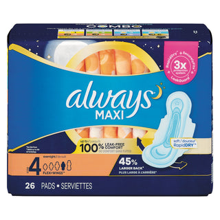Always Maxi Overnight Pads with Wings, Size 4, Unscented, 26 Count