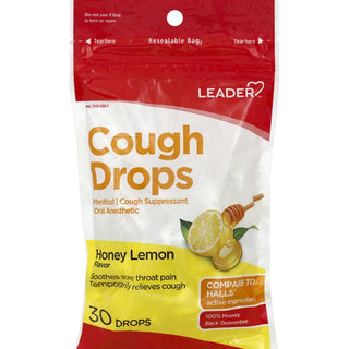 Leader Menthol Cough Drops GF, Honey Lemon Flavor, 30 Drops 096295142808VL