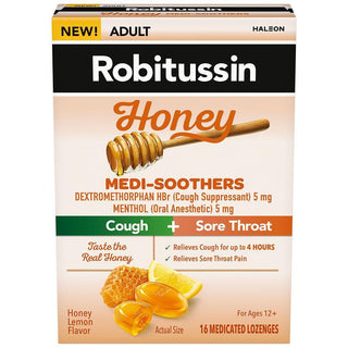 Robitussin Cough + Sore Throat, Adult, Medi Soothers, Honey Lemon Flavor, Lozenges