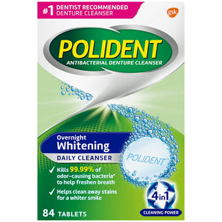 Polident Antibacterial Denture Cleanser, Triple Mint Freshness, Overnight Whitening, Tablets