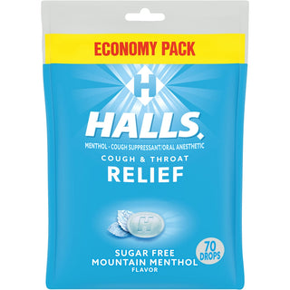 Halls Cough & Throat Relief Sugar Free Mountain Menthol Flavor Drops Economy Pack, 70 Count