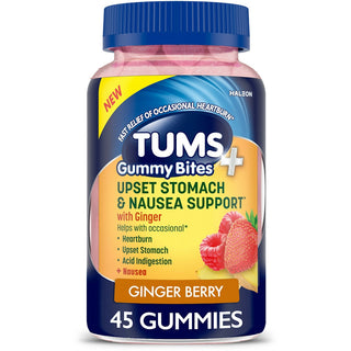 TUMS Gummy Bites + Upset Stomach & Nausea Support – Ginger Berry – 45 Count – Antacid Gummies
