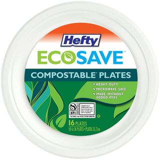 Hefty Ecosave Tableware, Plate, Bagasse, 10.13" Dia, White, 16/pack, 12 Packs/carton