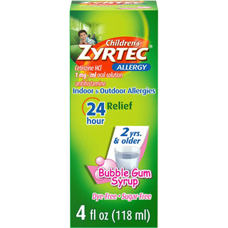 Zyrtec Children's 24 Hour Allergy Relief Syrup Sugar & Dye Free Bubble Gum  4 Oz