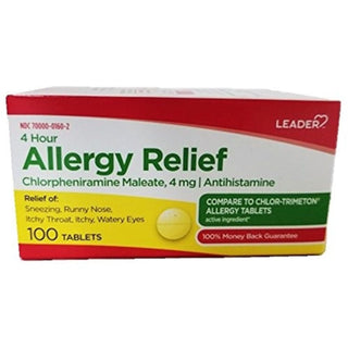 Leader 4-Hour Allergy Relief, Chlorpheniramine Maleate 4mg (100 Tablets)