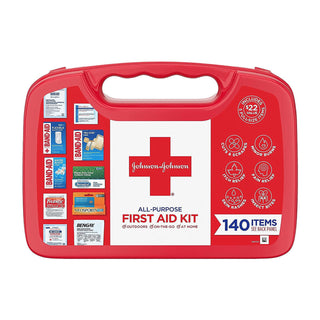 Johnson & Johnson All-Purpose Portable Compact Emergency First Aid Kit For Travel Home Car, 140 Pc