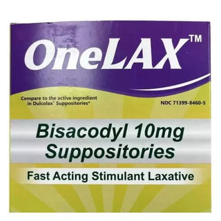 ONELAX Bisacodyl 10mg Suppositories 12 Count Box, Exp 02/27 By Akron