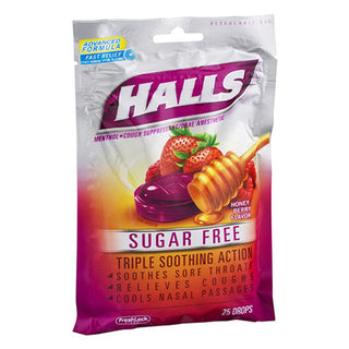 Halls Relief Sugar Free Honey Berry Flavor Cough Drops, 1 Bag (25 Total Drops)