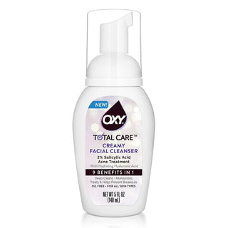 Oxy TOTAL CARE Creamy Foaming Facial Cleanser With Hyaluronic Acid Plus Anti-Acne 2% Salicylic Acid, Gentle Multi-Benefit Deep Cleaning Moisturizing Wash For Dry To Oily Skin At Any Age, 5.0 FL OZ