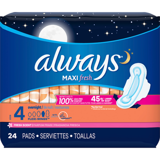 Always Pads, Fresh Scent, Flexi Wings, Overnight, Size 4, Bag