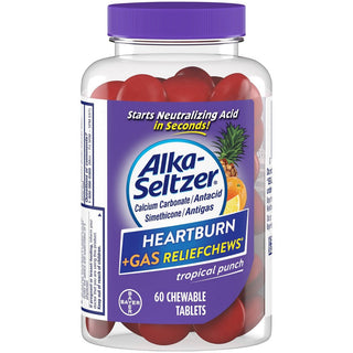 Alka-Seltzer Heartburn Relief + Gas Relief, Extra Strength Antacid, Tropical Fruit, 60 Chewable Tablets