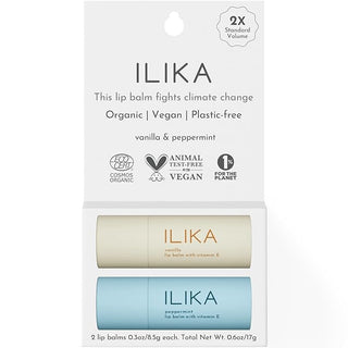 ILIKA 100% Natural Lip Balm - 2X Volume, Organic, COSMOS Certified Organic, PETA Certified, Plant-Based, Biodegradable Tube, 2 Pack Vanilla & Peppermint - 0.3 oz each