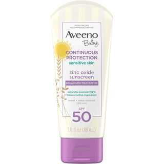 Aveeno Baby Continuous Protection Zinc Oxide Mineral Sunscreen Lotion With Broad Spectrum SPF 50, Sweat And Water Resistant 3.0 Fl. Oz