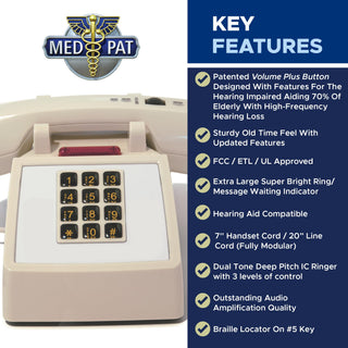 Med-Pat D2600C Retro Corded Desk Phone – Beige Analog Landline with Volume & Hearing Aid Support