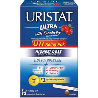 Uristat Ultra UTI Relief Pack – 12 Pain Relief Tablets + 1 Test Strip Kit