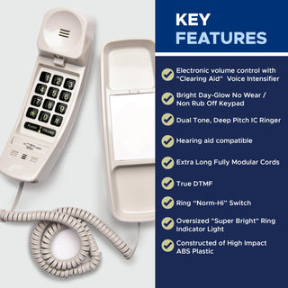 Med-Pat T1C Sleek Trimline Corded Telephone – Dove Gray | Wall-Mountable, Hearing Aid Compatible, Ring/In-Use Light
