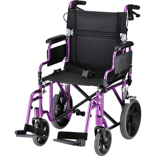 Nova Medical Lightweight Transport Chair With Locking Hand Brakes 12 Rear Wheels Removable & Flip Up Arms For Easy Transfer Anti-Tippers Included - Purple