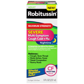 Robitussin Maximum Strength Severe Multi-Symptom Cough Cold + Flu CF Nighttime Pain Reliever/Fever Reducer Liquid 8 Fl. Oz. Box