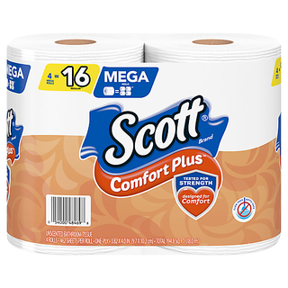 Scott Comfort Plus Toilet Paper, 4 Mega Rolls = 16 Regular Rolls, Bath Tissue, 462 Sheets Per Roll