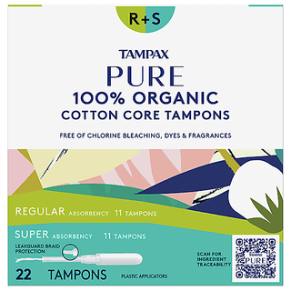 Tampax Pure Tampons, Cotton Core, Regular/Super Absorbency, Unscented