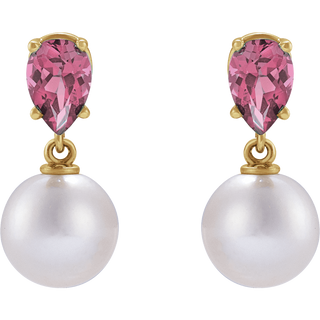 GC Pink Tourmaline Pearl Earrings – 14K Yellow Gold Akoya Drop