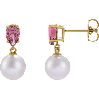 GC Pink Tourmaline Pearl Earrings – 14K Yellow Gold Akoya Drop