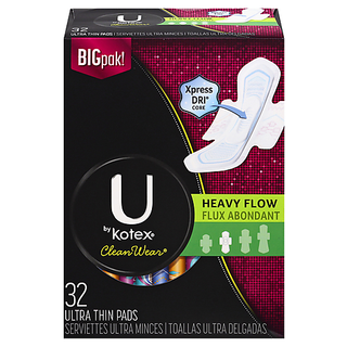 U by Kotex CleanWear Ultra Thin Pads With Wings, Heavy Flow, 32ct