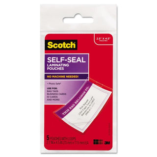 Scotch Self-Sealing Laminating Pouches, 12.5 Mil, 2.81" X 4.5", Gloss Clear, 5/Pack MMMLS8535G LS853-5G