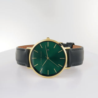 Alfred Sung Metropolitan Date Green Dial Black Leather Strap watch