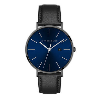 Alfred Sung Metropolitan Date Blue Dial Silver Case Black Leather strap watch