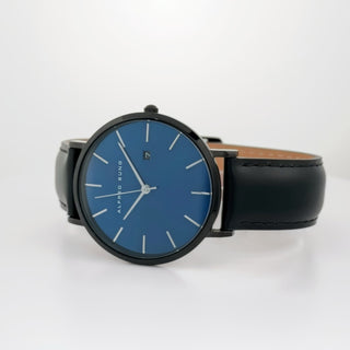 Alfred Sung Metropolitan Date Blue Dial Silver Case Black Leather strap watch
