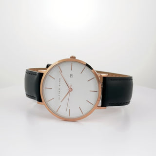Alfred Sung Metropolitan Date White Dial Rosegold Case Black Leather Strap watch