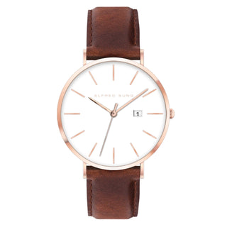 Alfred Sung Metropolitan Date White Dial Rosegold Case Brown Leather Strap watch