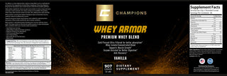 Champions Whey Armor protein powder, Vanilla Flavor 2LBS, Servings Size 32g, 28 Servings per container, 130 calories, 25g protein, 2g sugar
