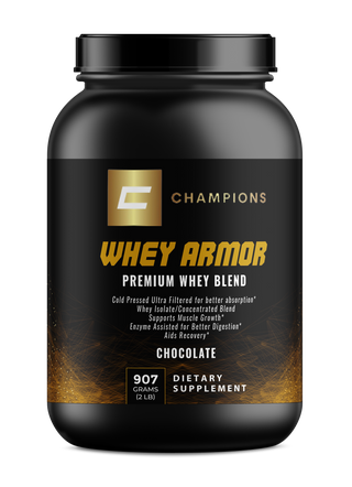 Champions Whey Armor protein powder, Chocolate Flavor 2LBS, Servings Size 32g, 28 Servings per container, 120 calories, 24g protein, 2g sugar