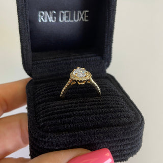 2.0ct Lab Ruby Pear Cut Moissanite Halo Ring