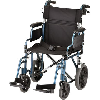 NOVA Lightweight Transport Wheelchair, 12" Rear Wheels, Removable Flip-Up Arms, Anti-Tippers Included, Blue