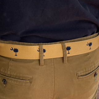 SC State Flag Palmetto Moon Belt Beige Navy Blue Embroidered Woven Web Award Winning Design