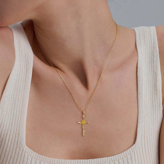 Floral Cross August Poppy Birth Flower Necklace