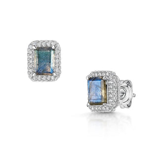 Emerald Cut Labradorite Halo Earrings